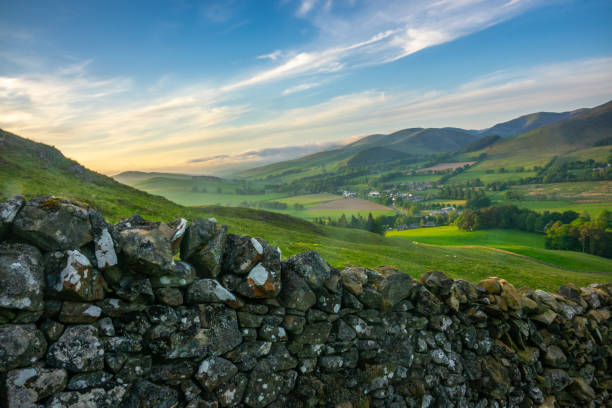 Rolling Scottish Countryside Landscape Of The Beautiful Rolling Scottish Borders Countryside At Sunset ireland stock pictures, royalty-free photos & images