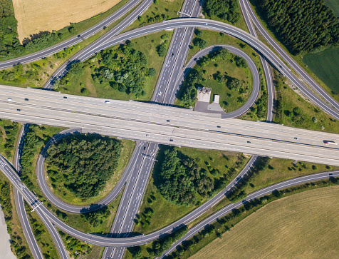 Aerial view of large highway interchange, Austria