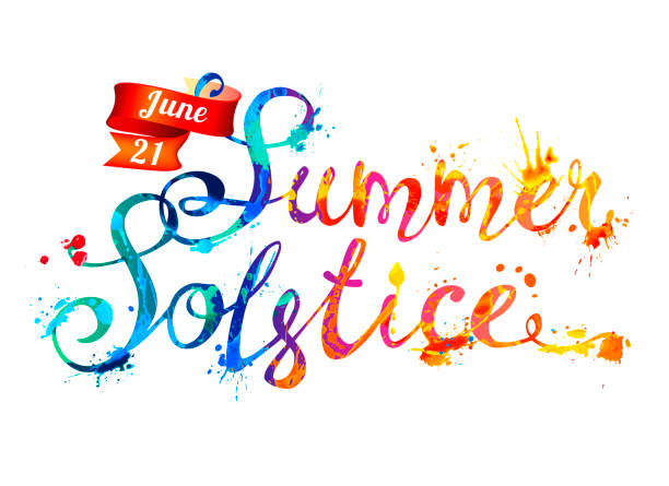 Summer solstice. June 21. Vector watercolor splash paint Summer solstice. June 21. Hand written vector doodle font inscription of splash paint letters summer solstice stock illustrations
