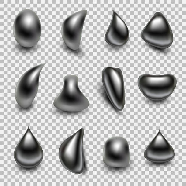 Metal droplet set realistic isolated on transparent background Metal droplet set realistic isolated on transparent background. Silver ball, chrome sphere, liquid metal. Spherical 3D orbs. Jewelry gemstone. Vector Illustration for your design and business. mercury metal stock illustrations