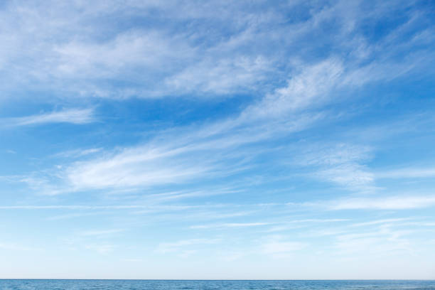 istock Beautiful blue sky over the sea with translucent, white, Cirrus clouds 964509870