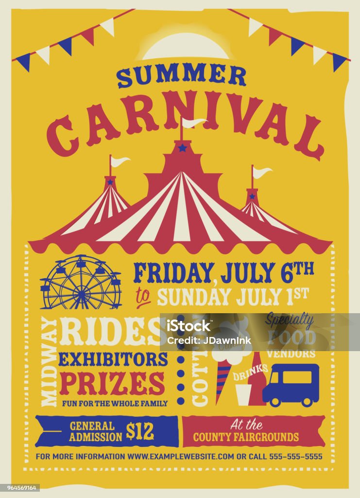 Colorful Summer Carnival Poster design template Vector illustration of a Colorful Summer Carnival Poster design template. Includes creative placement text, carnival tent, cotton candy, food truck, ferris wheel and design elements. Colorful and vibrant easy to edit or customize. Traveling Carnival stock vector