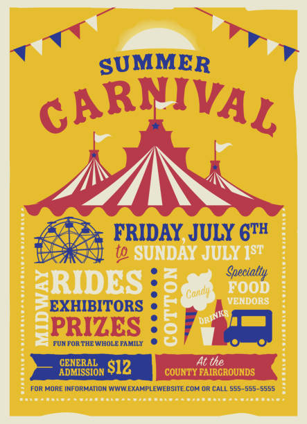 Colorful Summer Carnival Poster design template Vector illustration of a Colorful Summer Carnival Poster design template. Includes creative placement text, carnival tent, cotton candy, food truck, ferris wheel and design elements. Colorful and vibrant easy to edit or customize. ferris wheel stock illustrations