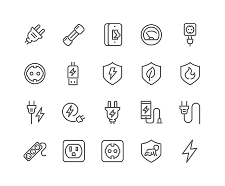 Simple Set of Surge Protector Related Vector Line Icons. Contains such Icons as American European Socket, USB Charge, Child Protection and more. Editable Stroke. 48x48 Pixel Perfect.