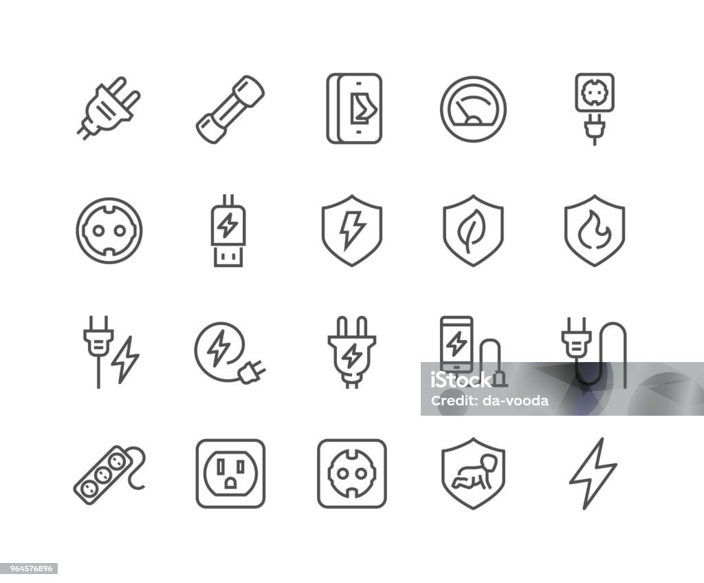 Line Surge Protector Icons Simple Set of Surge Protector Related Vector Line Icons. Contains such Icons as American European Socket, USB Charge, Child Protection and more. Editable Stroke. 48x48 Pixel Perfect. Icon Symbol stock vector