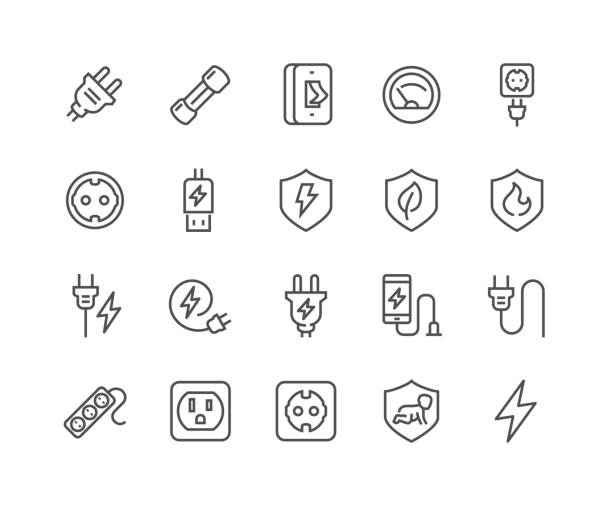 Line Surge Protector Icons Simple Set of Surge Protector Related Vector Line Icons. Contains such Icons as American European Socket, USB Charge, Child Protection and more. Editable Stroke. 48x48 Pixel Perfect. fuel and power generation stock illustrations