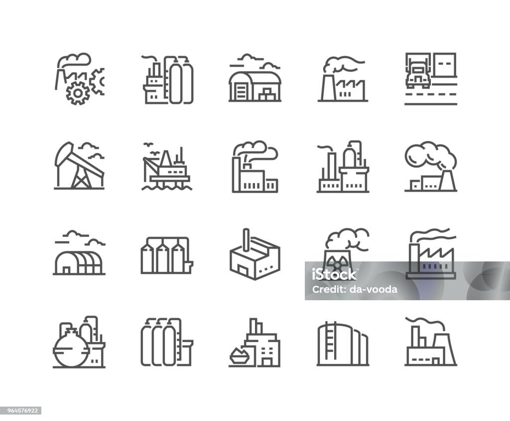 Line Factories Icons Simple Set of Factories Related Vector Line Icons. Contains such Icons as Truck Terminal, Power Station, Mine, Warehouse, Greenhouse and more. Editable Stroke. 48x48 Pixel Perfect. Icon Symbol stock vector