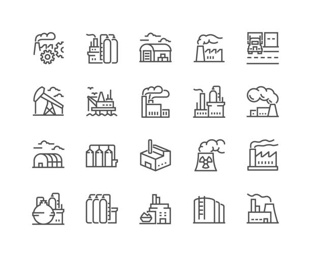Line Factories Icons Simple Set of Factories Related Vector Line Icons. Contains such Icons as Truck Terminal, Power Station, Mine, Warehouse, Greenhouse and more. Editable Stroke. 48x48 Pixel Perfect. warehouse icons stock illustrations