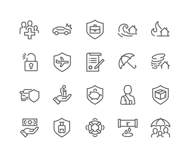 ilustraciones, imágenes clip art, dibujos animados e iconos de stock de línea seguros los iconos - insurance symbol computer icon travel