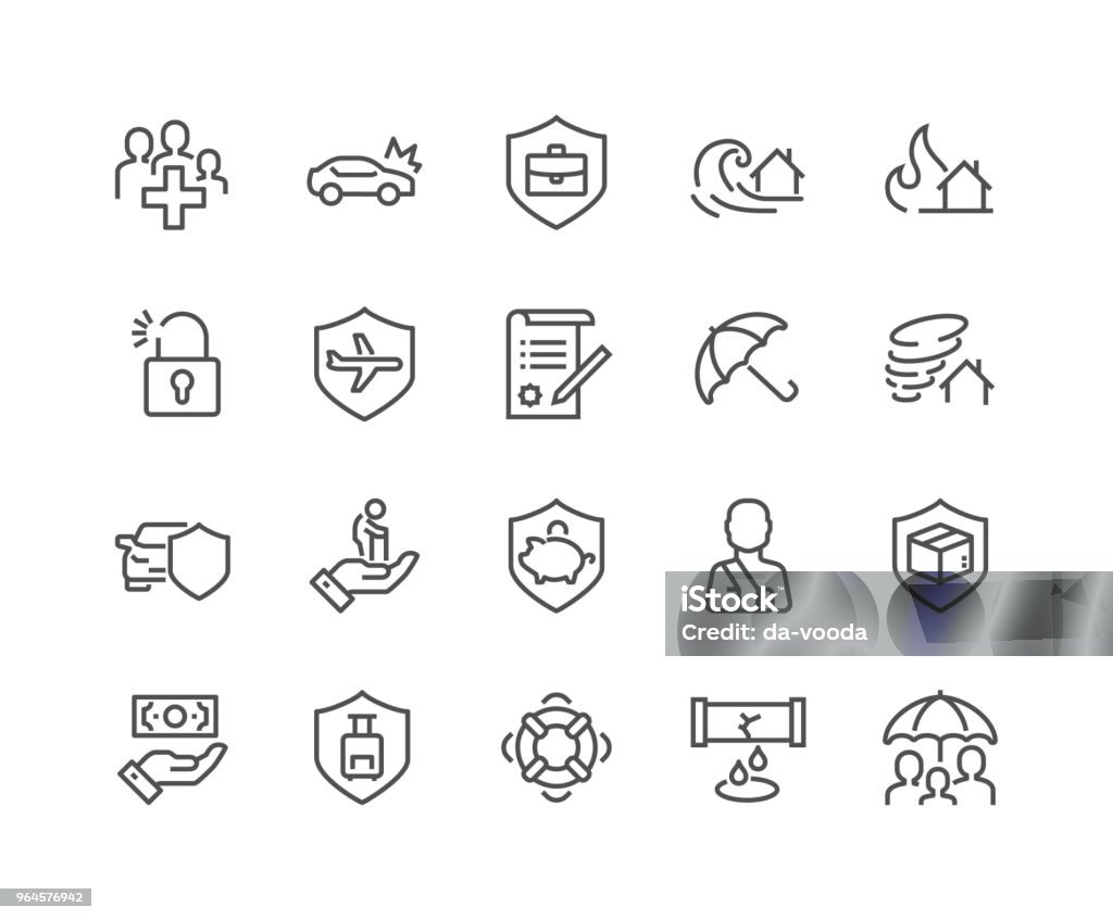 Line Insurance Icons Simple Set of Insurance Related Vector Line Icons. Contains such Icons as Car Protection, Health Insurance, Contract and more. Editable Stroke. 48x48 Pixel Perfect. Icon Symbol stock vector