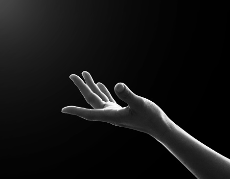 Prayer's hand praying for spiritual support, help and humanitarian aid concept ( womanâs hand isolated on balck background with clipping path)