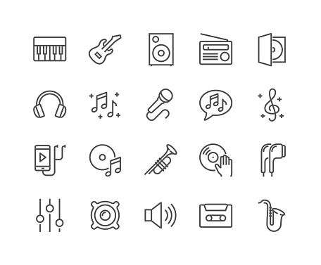 Simple Set of Music Related Vector Line Icons. Contains such Icons as Guitar, Treble Clef, In-ear Headphones, Trumpet and more. Editable Stroke. 48x48 Pixel Perfect.