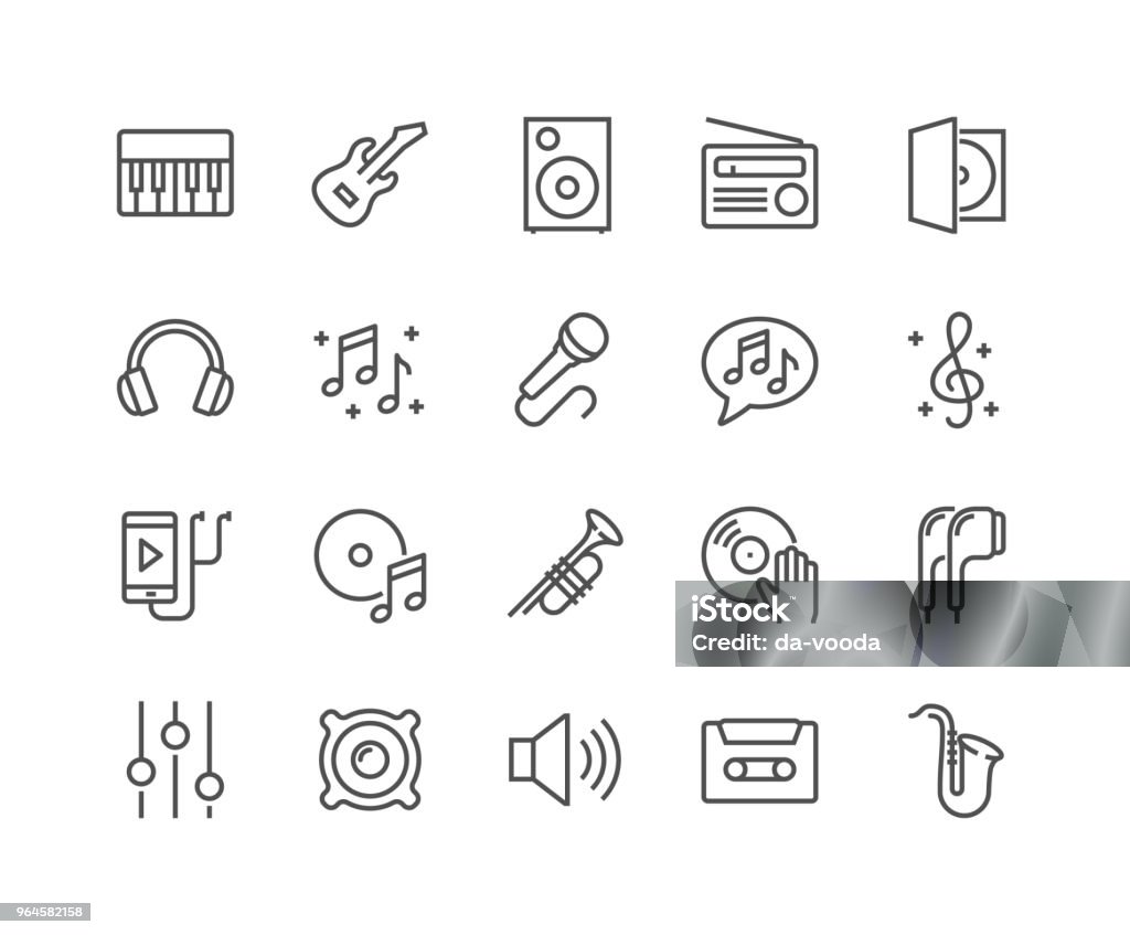 Line Music Icons Simple Set of Music Related Vector Line Icons. Contains such Icons as Guitar, Treble Clef, In-ear Headphones, Trumpet and more. Editable Stroke. 48x48 Pixel Perfect. Icon stock vector
