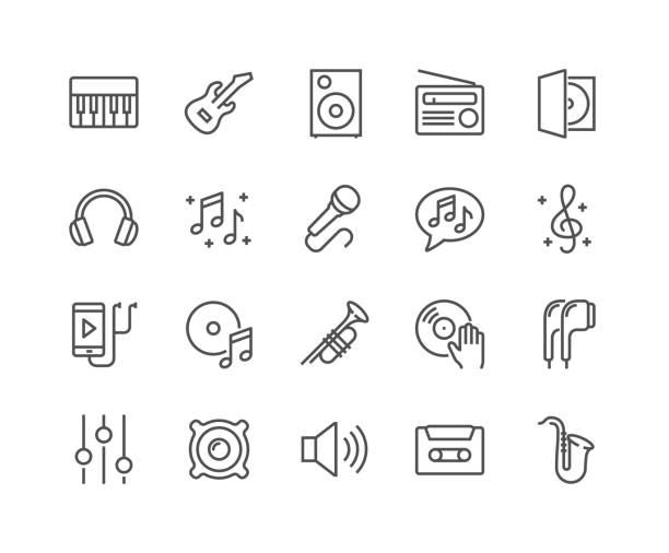 Line Music Icons Simple Set of Music Related Vector Line Icons. Contains such Icons as Guitar, Treble Clef, In-ear Headphones, Trumpet and more. Editable Stroke. 48x48 Pixel Perfect. microphone designs stock illustrations