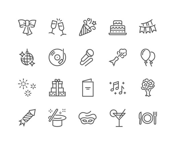 Line Party Icons Simple Set of Related Vector Line Icons. Contains such Icons as Bouquet of Flowers, Karaoke, Dj, Masquerade and more. Editable Stroke. 48x48 Pixel Perfect. holiday event stock illustrations