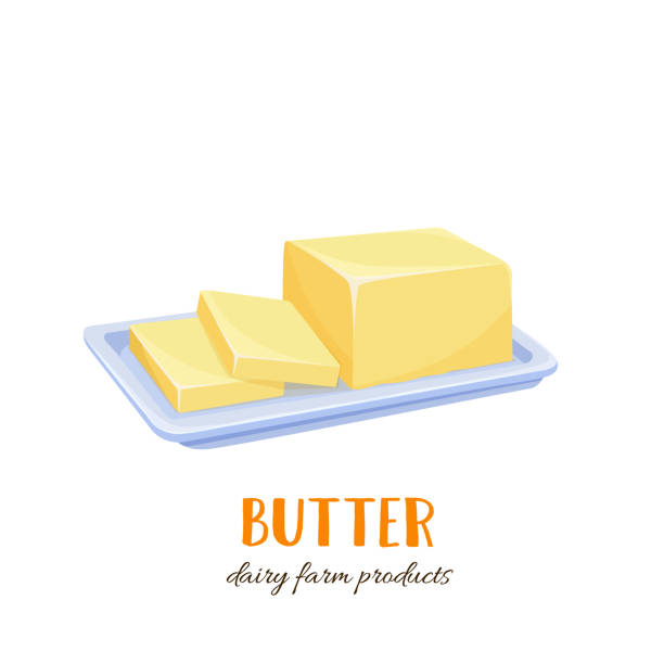 Vector butter icon Vector butter icon. Sliced farm dairy products on a plate. Cartoon style. butter stock illustrations