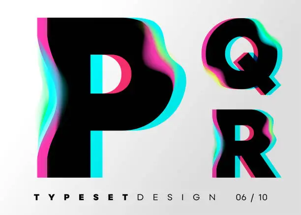 Vector illustration of Vector Typeset Design. Neon Glitch Style. Black Bold Font with Double Exposure. Abstract Colorful Type for Creative Heading, Advertising Placard, Music Poster, Sale Banner. Trendy Neon Glowing Letters.