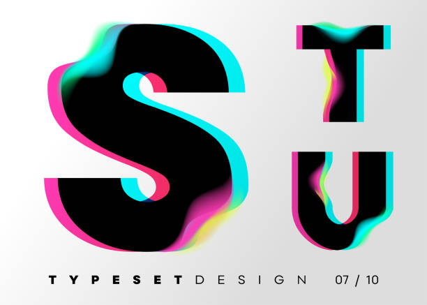 vector design zu setzen. neon-glitch-stil. schwarze fette schrift mit doppelbelichtungen. abstrakten bunten typ für kreative überschrift, werbung schild, musik poster, verkauf banner. trendige neon leuchtende buchstaben. - schriftsymbol stock-grafiken, -clipart, -cartoons und -symbole