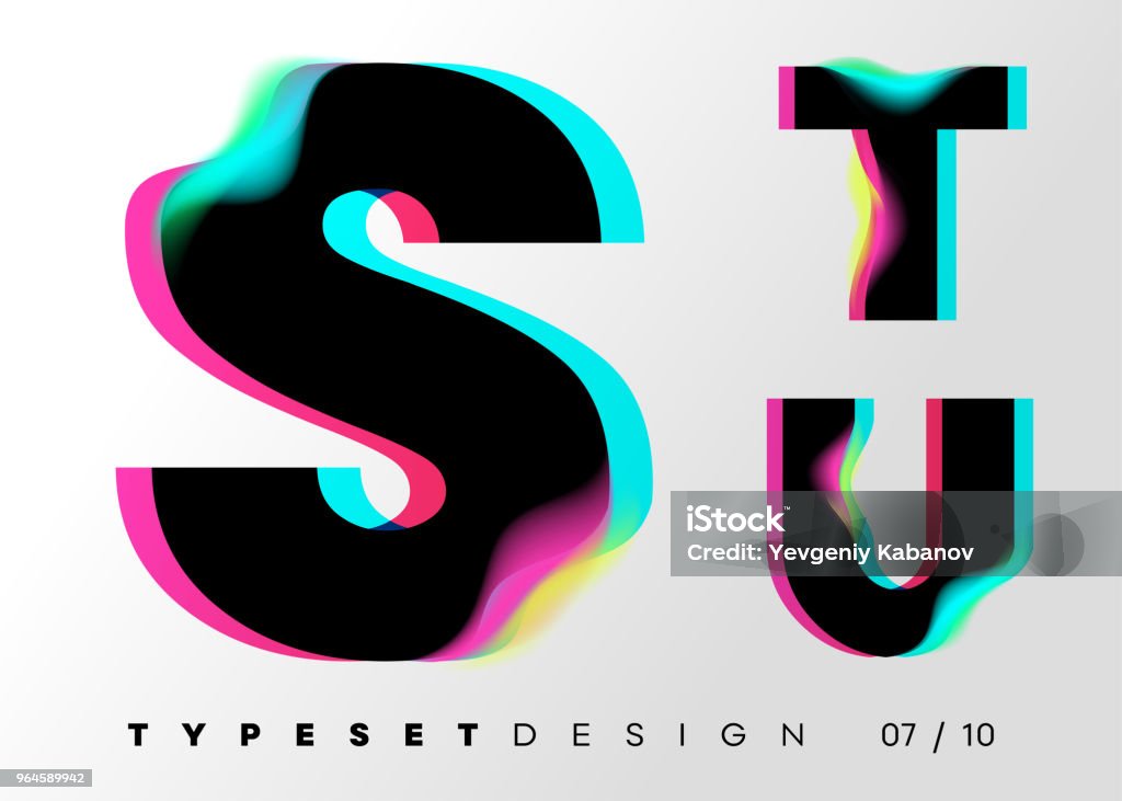 Vector Typeset Design. Neon Glitch Style. Black Bold Font with Double Exposure. Abstract Colorful Type for Creative Heading, Advertising Placard, Music Poster, Sale Banner. Trendy Neon Glowing Letters. Typescript stock vector