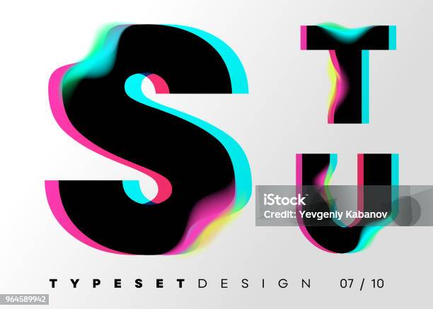 Vector Typeset Design Neon Glitch Style Black Bold Font With Double Exposure Abstract Colorful Type For Creative Heading Advertising Placard Music Poster Sale Banner Trendy Neon Glowing Letters Stock Illustration - Download Image Now