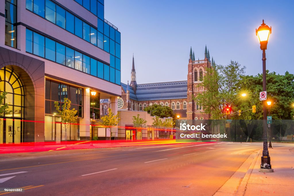 Downtown London Ontario Canada with St Peter's Cathedral Basilica Stock photograph of a street in downtown London Ontario Canada with St Peter's Cathedral Basilica in the background at twilight blue hour. London - Ontario Stock Photo