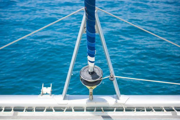 Luxury travel on catamaran sailing, relaxation space on deck