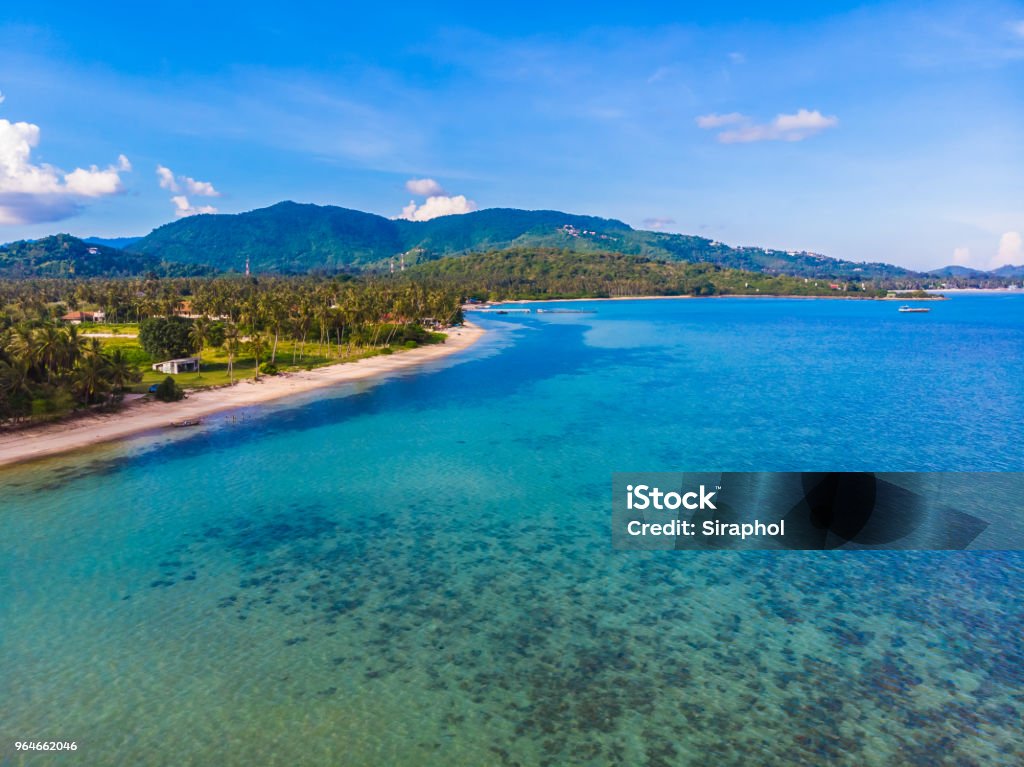 Ilmakuva kauniista trooppisesta rannasta ja merestä palmulla ja muulla puulla Koh Samuin saarella - Rojaltivapaa avainsanalla Ei ihmisiä ja tyyppiä Kuvapankin valokuva