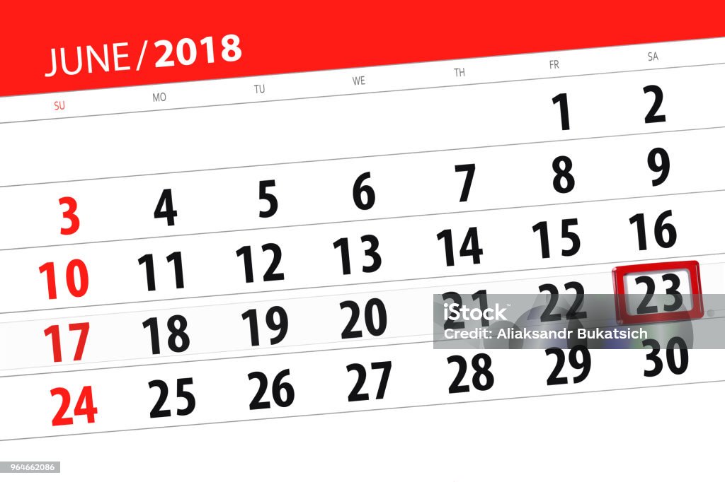 Kuukauden kalenterisuunnittelija, viikon takarajapäivä lauantai 2018 kesäkuu 23 - Rojaltivapaa avainsanalla 2018 ja tyyppiä kuvapankin kuvitus