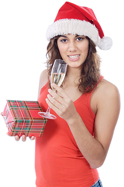 santa menina com presentes e vidro - netting champagne wine drink imagens e fotografias de stock