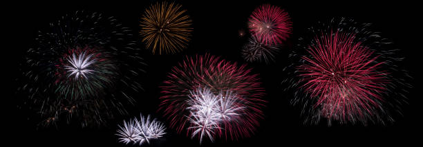 istock Set of fireworks explosions isolated on black 964678662