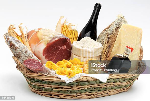 Typical Products Of Emiliaromagna Stock Photo - Download Image Now - Cheese, Basket, Wine