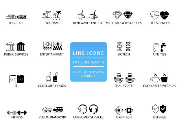 Thin line icons and symbols of various industries / business sectors like public services, consumer goods, defence, life sciences, high-tech, resources, IT, logistics. Thin line icons and symbols of various industries / business sectors like public services, consumer goods, defence, life sciences, high-tech, resources, IT, logistics. public service icon stock illustrations