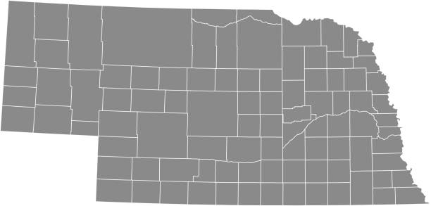 Nebraska county map vector outline gray background. Map of Nebraska state of United States of America with counties borders Nebraska county map vector outline gray background. Map of Nebraska state of United States of America with counties borders kearney county stock illustrations