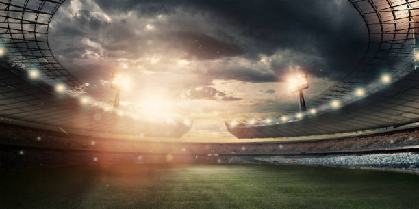 stadium in the lights and flashes, football field. concept sports background, football, night stadium. mixed media, copy space. - grass area flash imagens e fotografias de stock