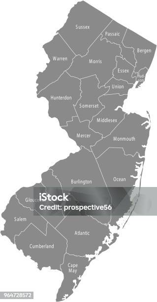 New Jersey County Map Vector Outline Gray Background Map Of New Jersey State Of Usa With Borders And Counties Names Labeled Stock Illustration - Download Image Now