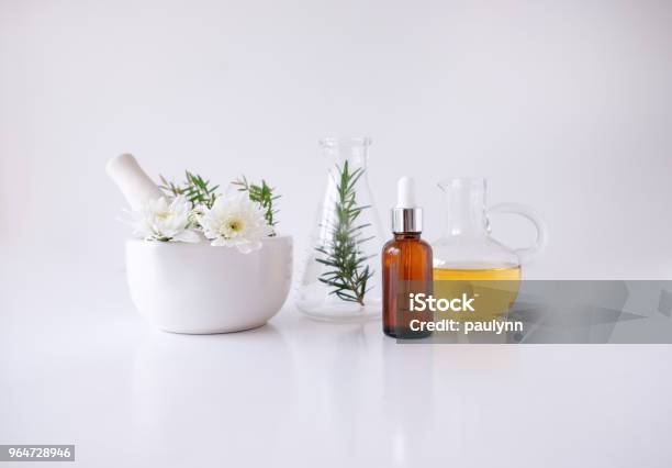 Cosmetic Nature Skincare And Essential Oil Aromatherapy Organic Natural Science Beauty Product Herbal Alternative Medicine Mock Up Stock Photo - Download Image Now