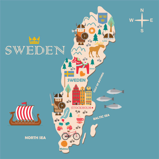 schweden-symbole-karte mit sehenswürdigkeiten - boat horn stock-grafiken, -clipart, -cartoons und -symbole