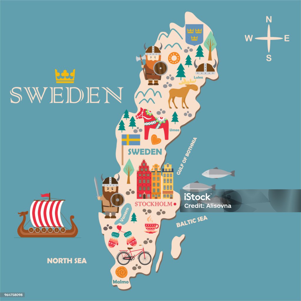 Carte de symboles de Suède avec attractions touristiques - clipart vectoriel de Suède libre de droits