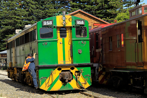 Victor Harbor, South Australia, Australia - May 6, 2018: 930 Class Loco, Loco Number 958 is shunted at Victor Harbour station, ready for its next trip to Goolwa. Built in the 1950's and now owned by the SteamRanger Heritage Railway the historic engine is often used to transport Tourists from Victor Harbor to Goolwa.