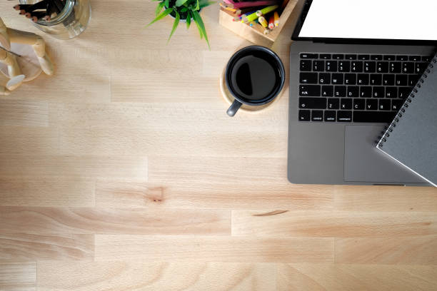 istock Business workspace, Office wooden desk coffee mug and office accessory with copy space. 964771390