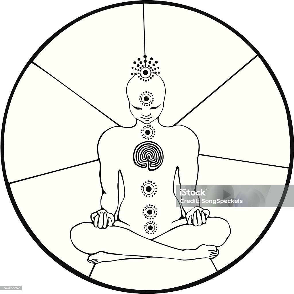 Blanco y negro figura en postura de meditación con Lotus chakras - arte vectorial de El Tercer Ojo libre de derechos