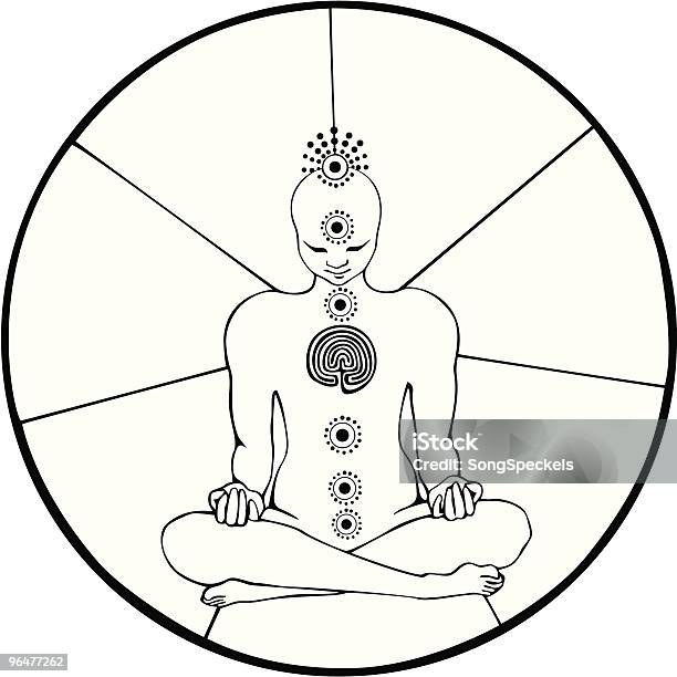 Ilustración de Blanco Y Negro Figura En Postura De Meditación Con Lotus Chakras y más Vectores Libres de Derechos de El Tercer Ojo