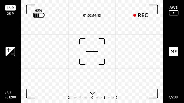 Modern smart phone camera focusing screen Modern smart phone camera focusing screen on transparent background. Blank camera viewfinder grid with exposure, zoom zone and shooting settings. Realistic template for your design vector illustration scenery video stock illustrations