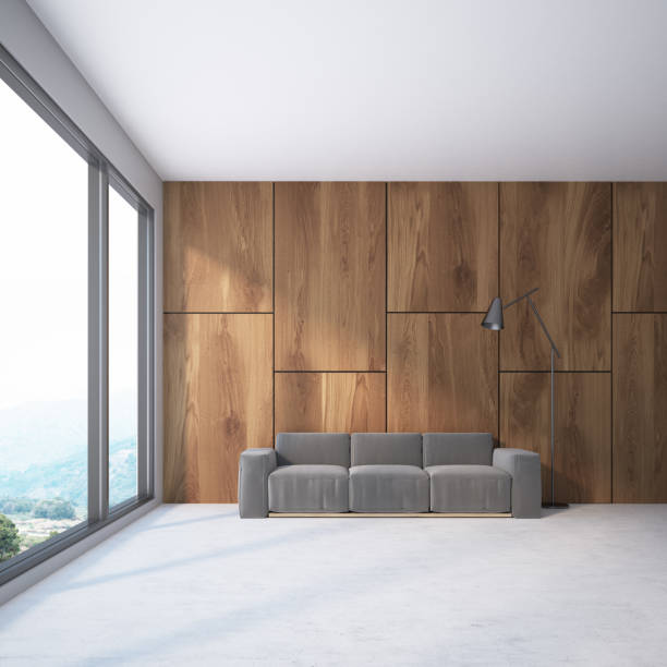 istock Wooden loft living room, gray sofa 964781390
