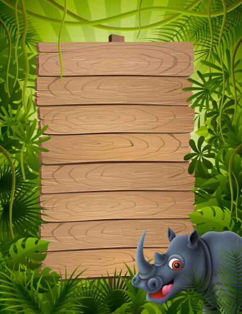 джунгли и милый носорог - tropical climate banner tropical rainforest placard stock illustrations