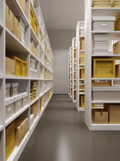 istock warehouse interior with rows of shelves with boxes 964786186