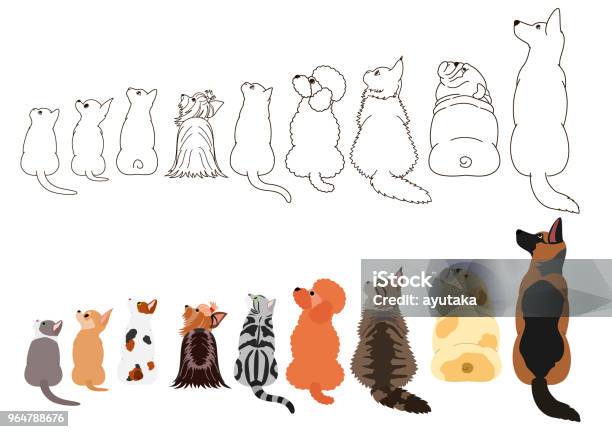 Dogs And Cats Looking Up Sideways In A Row Stock Illustration - Download Image Now - Dog, Domestic Cat, Illustration