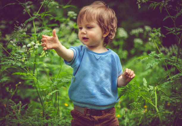 niedlichen kleinen jungen sommer im freien genießen - baby toddler child flower stock-fotos und bilder