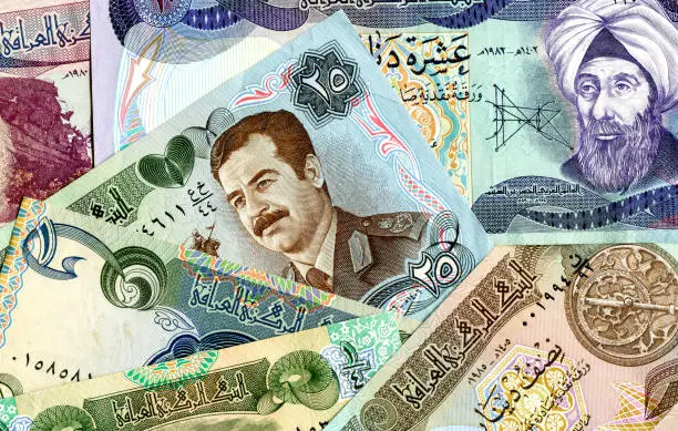 Background from old different banknotes of Iraq money