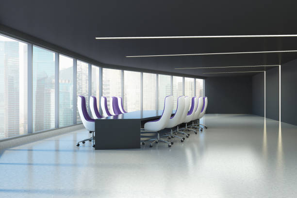 istock Panoramic meeting room, purple armchairs 964794146